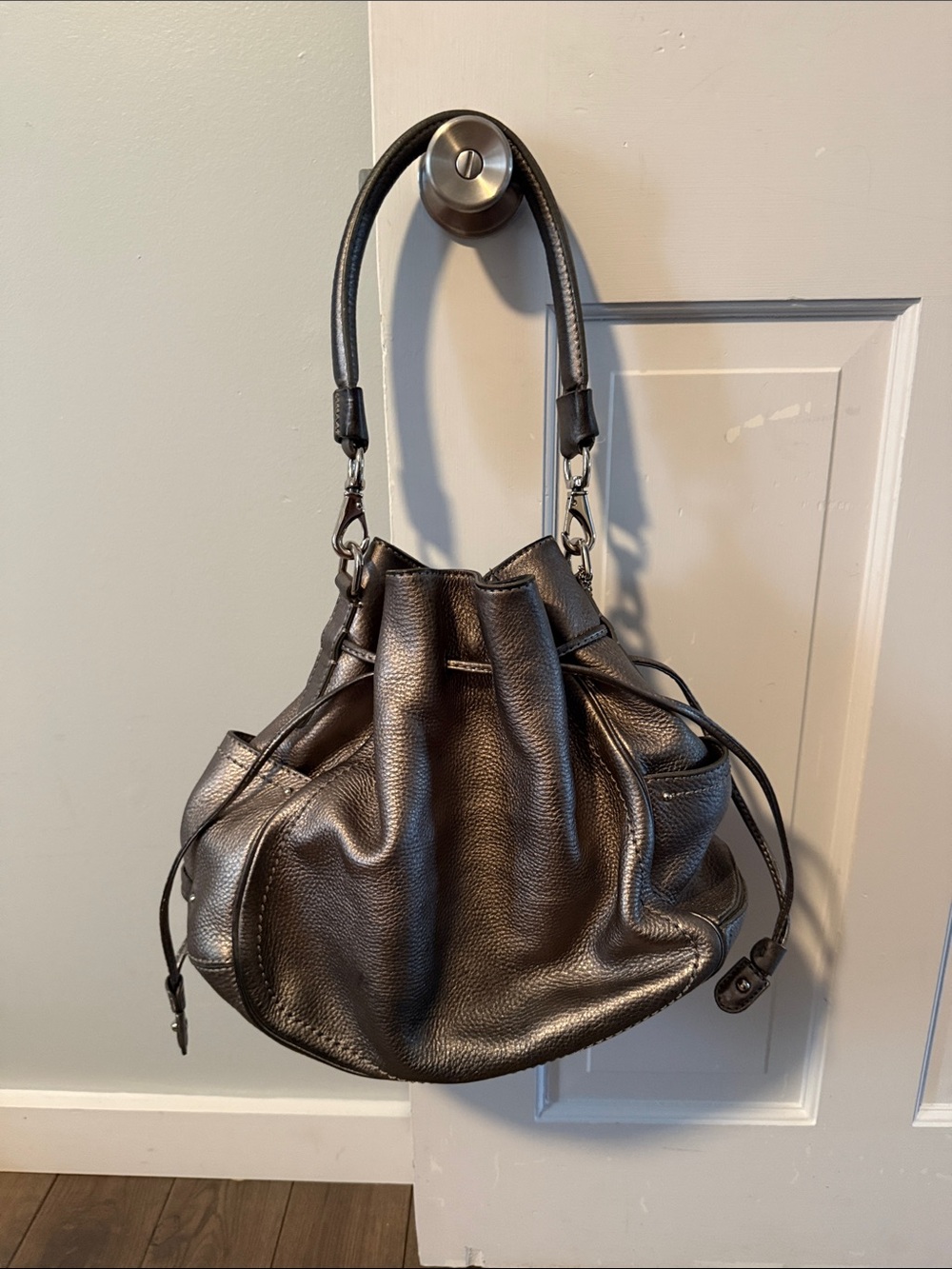Cole Haan Pewter Metallic Pebbled Drawstring Hobo Bag